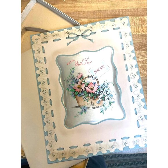 Vintage  1940s Greeting Card With Love To My Wife Floral Basket Design Oversized - Picture 1 of 9
